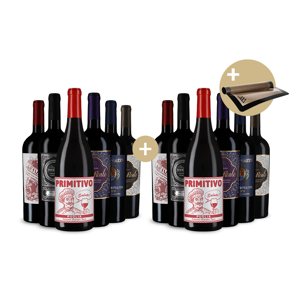 6+6 bottiglie: i migliori Primitivo + tappetino da forno – Gold