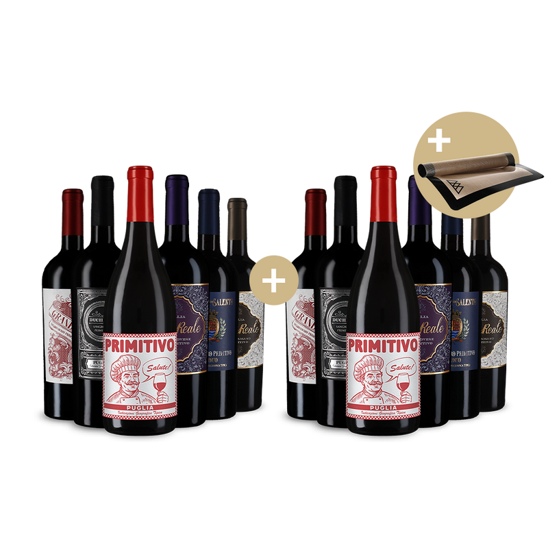 6+6 bottiglie: i migliori Primitivo + tappetino da forno – Gold