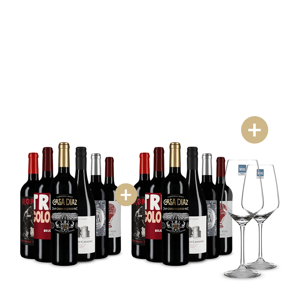 6+6 bottiglie: vini rossi spagnoli + 2 bicchieri da vino – Gold