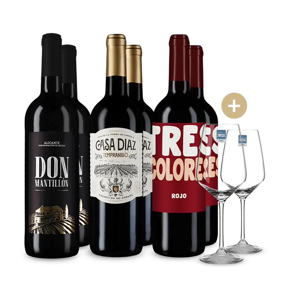 Vini rossi per le feste dalla Spagna in pacco 3x2 + 2 bicchieri da vino