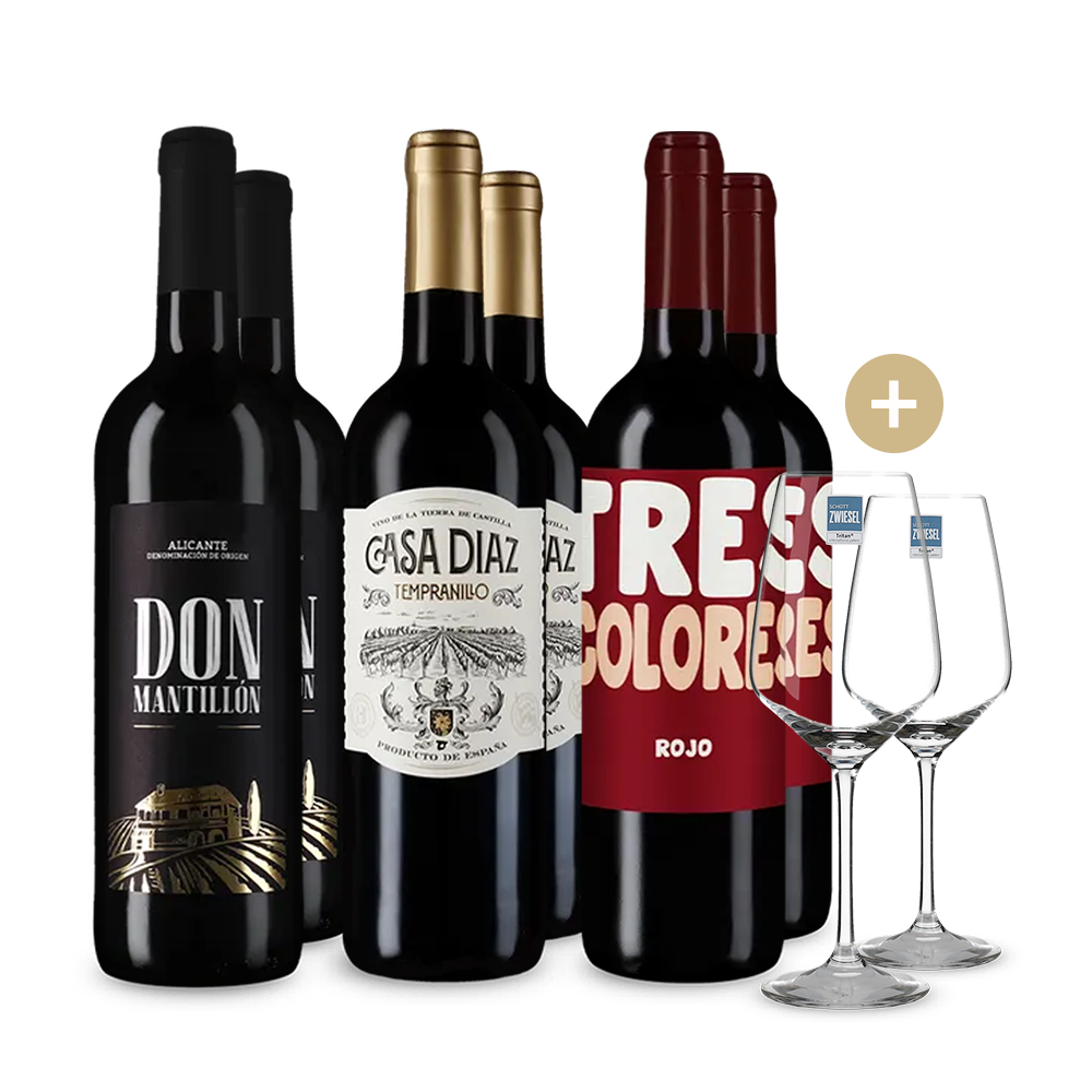 Vini rossi per le feste dalla Spagna in pacco 3x2 + 2 bicchieri da vino