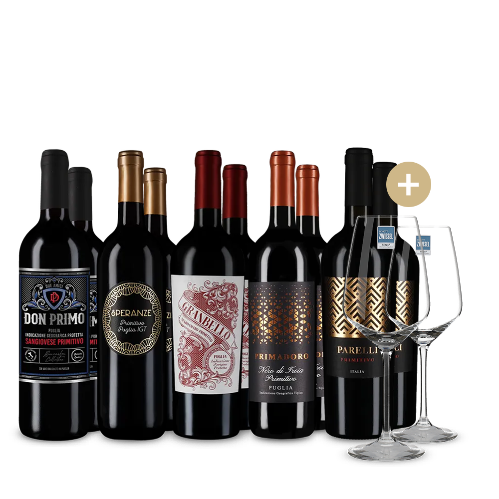 Primitivo XXL: i migliori in pacco 5x2 + 2 bicchieri da vino