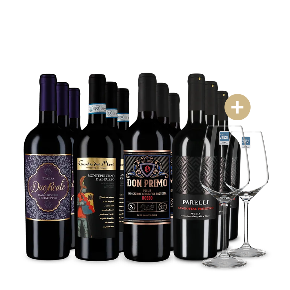 Vini rossi in pacco 4x3 + 2 bicchieri da vino – Gold