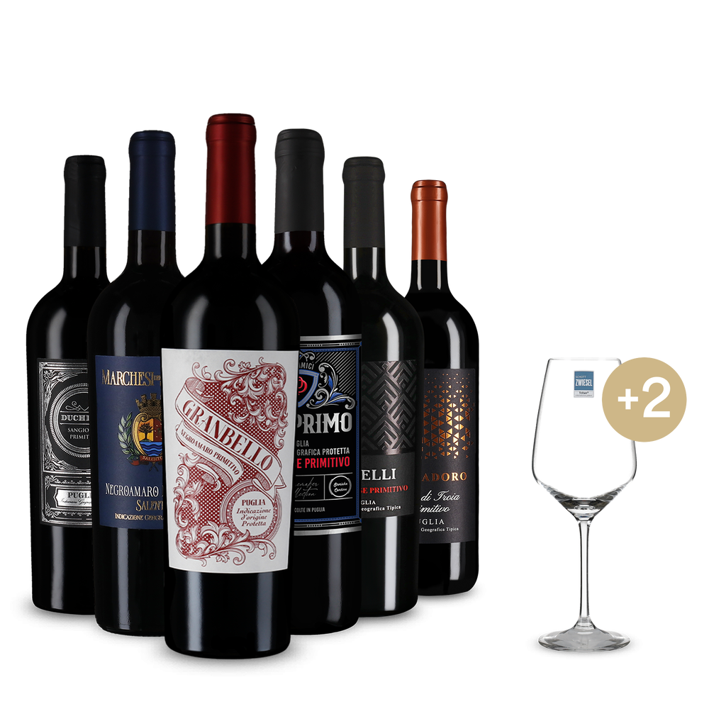 Primitivo i migliori in pacco da 6 + 2 bicchieri da vino