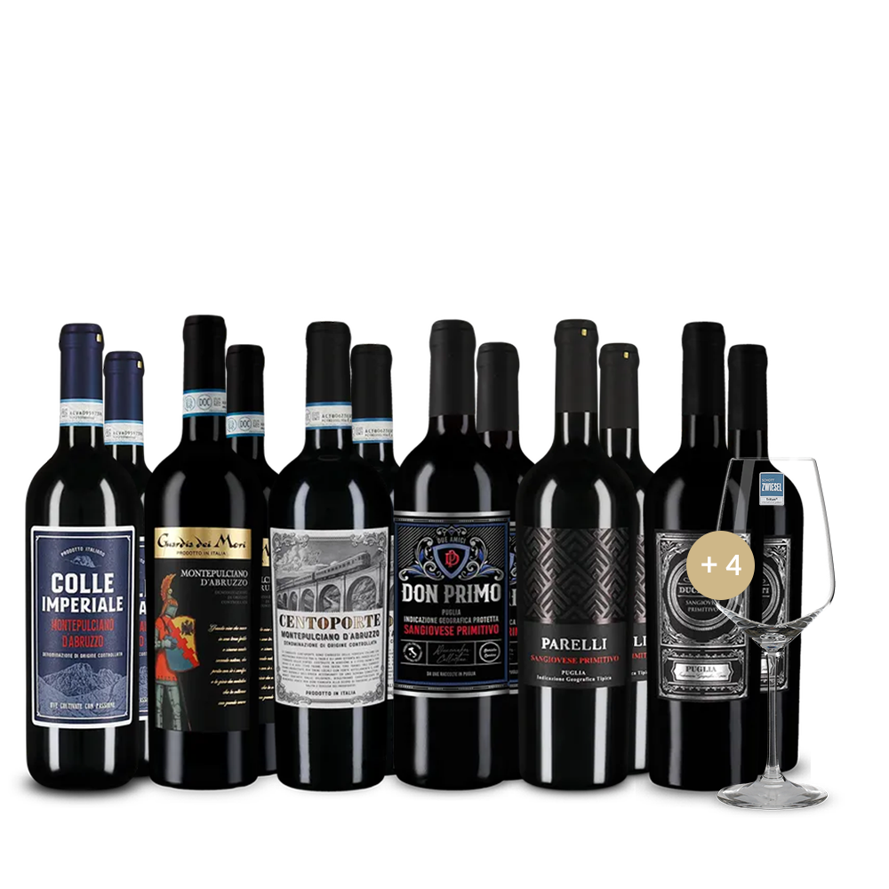 Montepulciano & Primitivo: duo italiano in pacco 6x2 + 4 bicchieri da vino