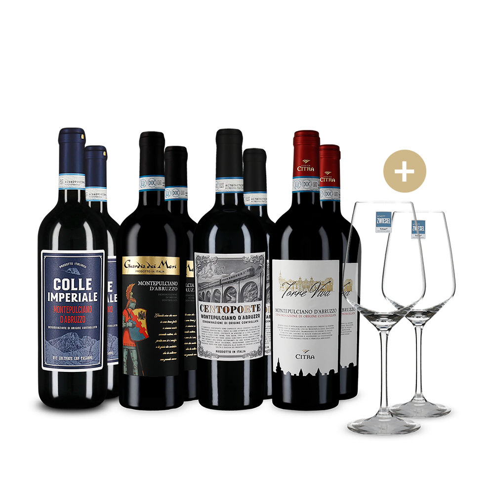 Premiati oro: Montepulciano d'Abruzzo in pacco 4x2 + 2 bicchieri da vino