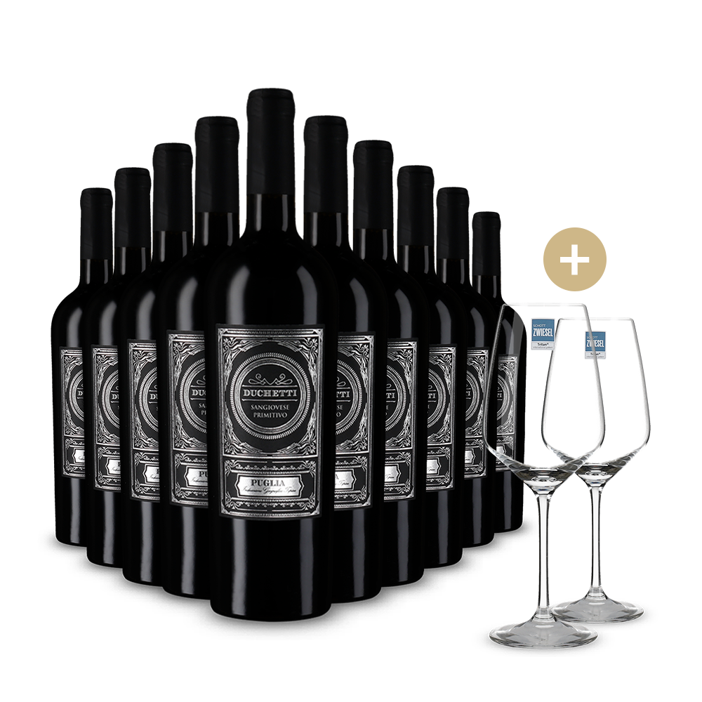 10 bottiglie Duchetti Sangiovese Primitivo 2024 + 2 bicchieri da vino