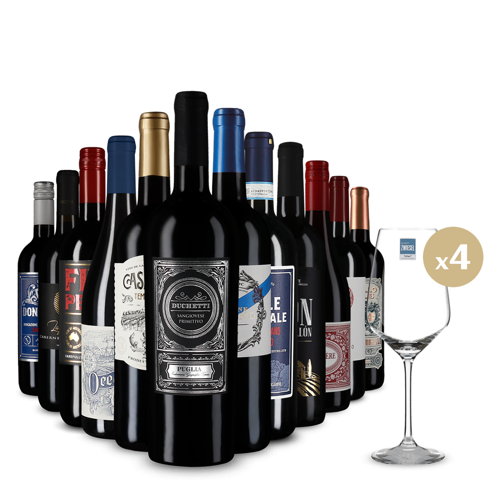 Vini rossi XXL: star internazionali in pacco da 12 + 4 bicchieri da vino