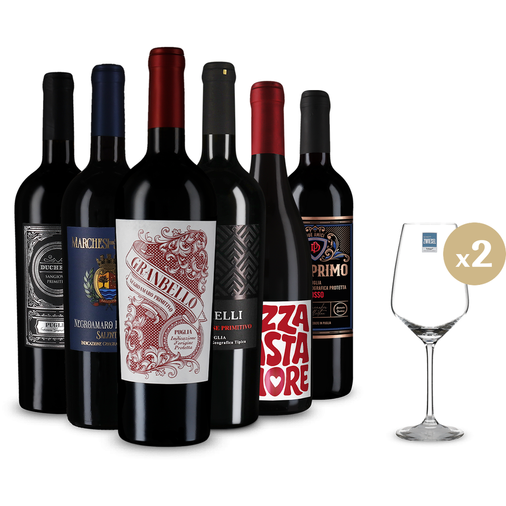 Primitivo & molto di più: vini rossi in pacco da 6 + 2 bicchieri da vino