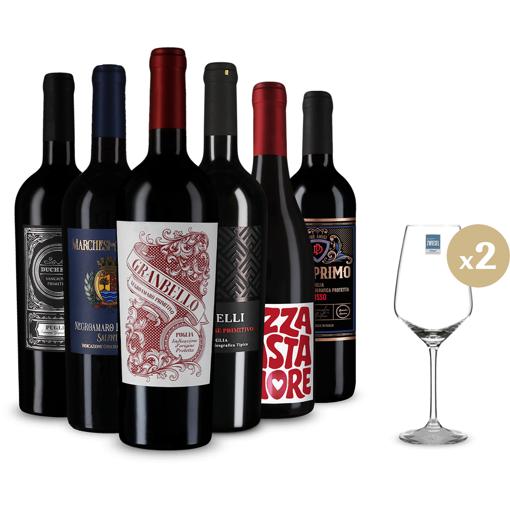 Primitivo & molto di più: vini rossi in pacco da 6 + 2 bicchieri da vino