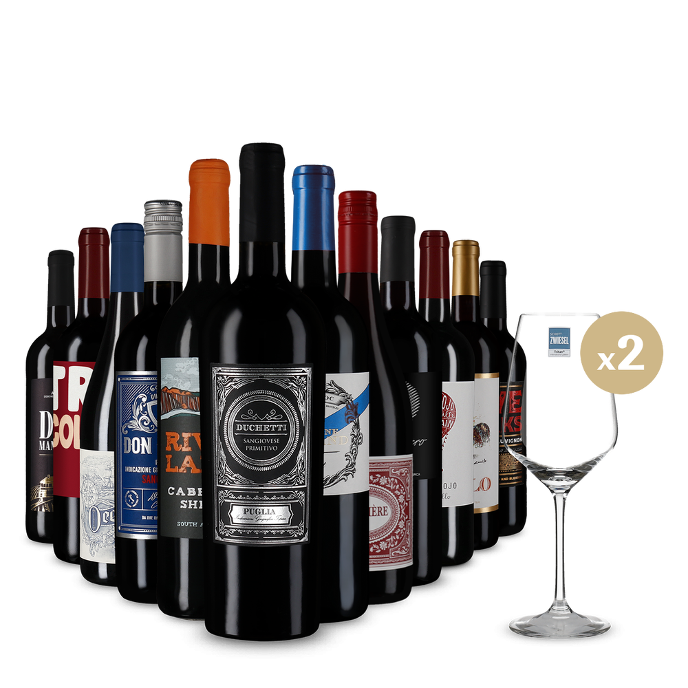 Vini rossi da tutto il mondo in pacco d 12+ 2 bicchieri – Gold