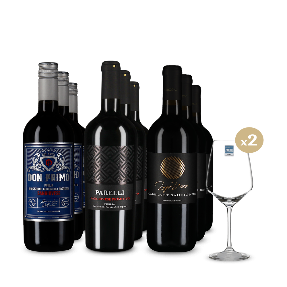 Vini rossi italiani in pacco 3x3 + 2 bicchieri da vino