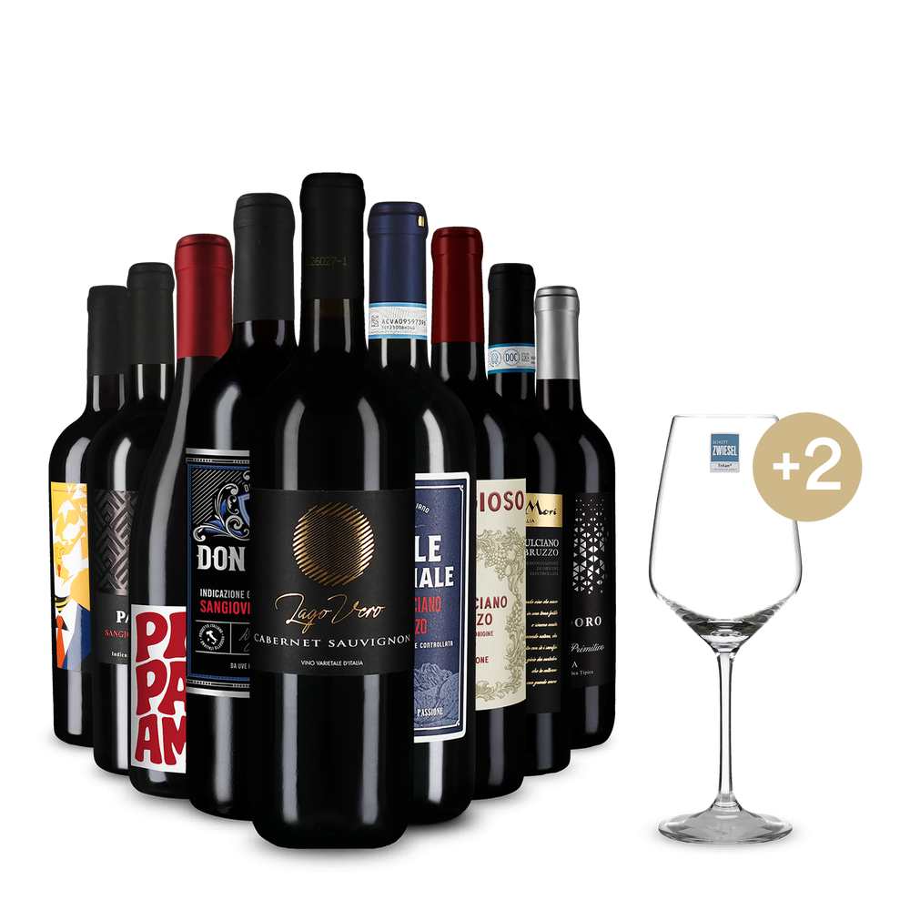 Vini rossi i migliori in pacco da 9 + 2 bicchieri da vino