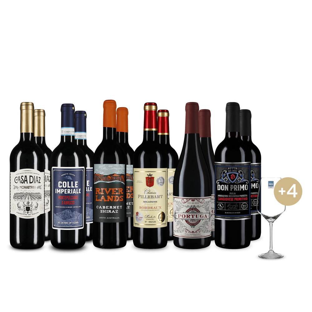 Vini rossi internazionali in pacco 6x2 + 4 bicchieri da vino