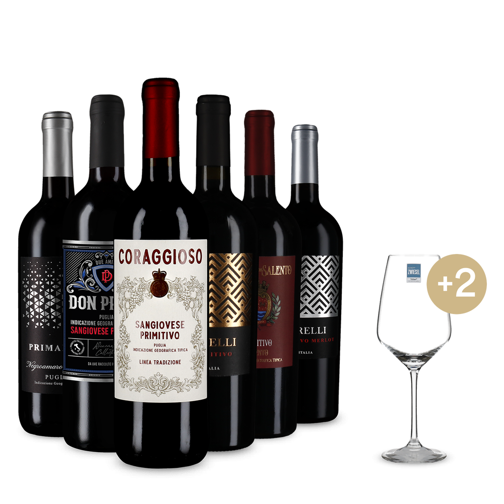 6x1 Primitivo da scoprire + 2 bicchieri & spedizione gratis