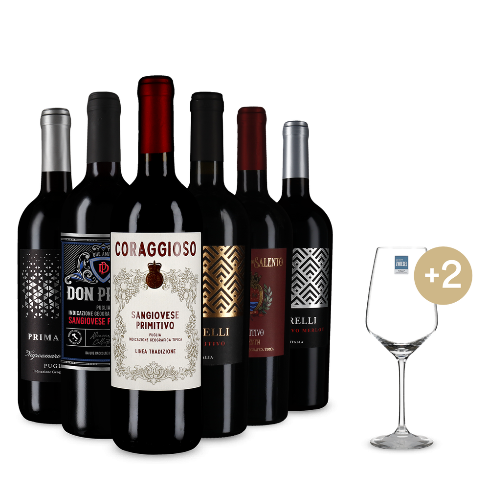 6x1 Primitivo da scoprire + 2 bicchieri & spedizione gratis