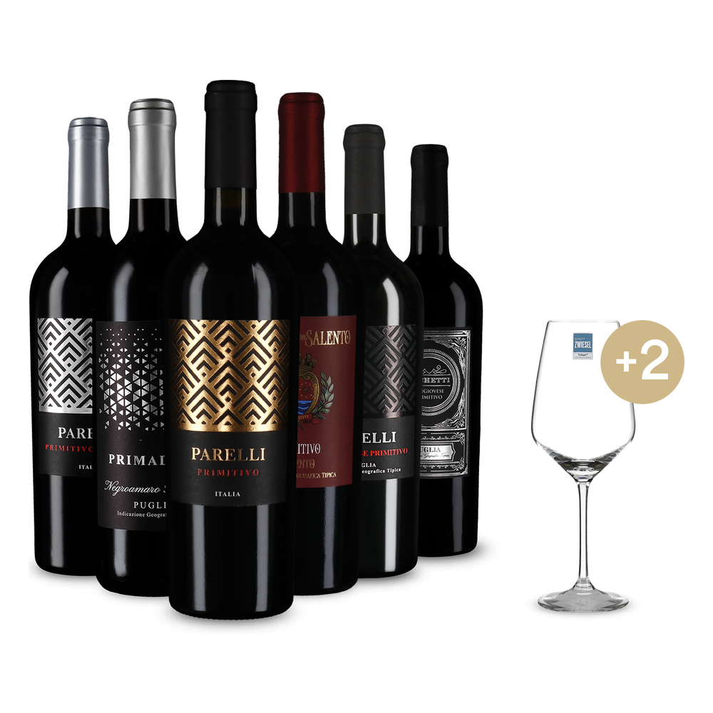 6x1 Primitivo da scoprire + 2 bicchieri & spedizione gratis