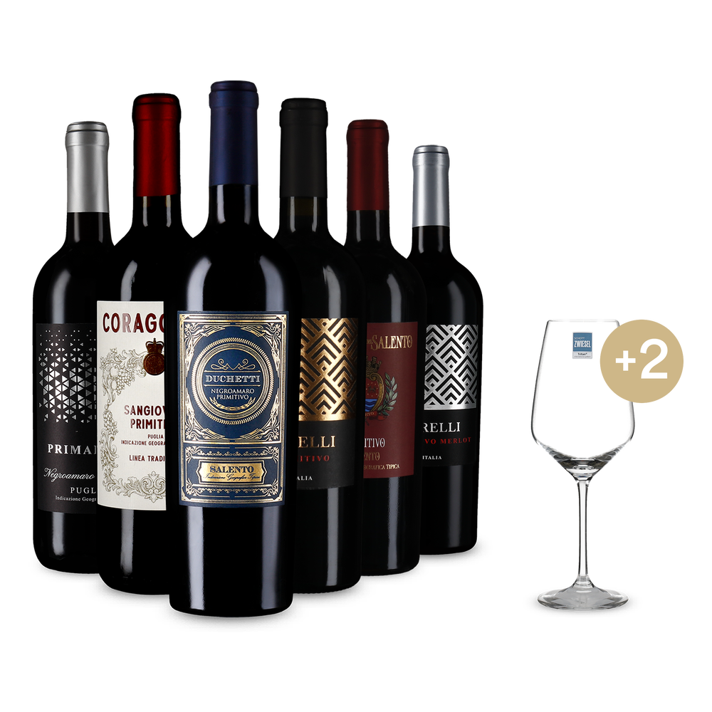 6x1 Primitivo da scoprire + 2 bicchieri & spedizione gratis