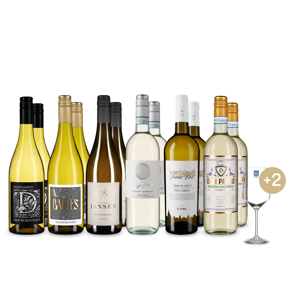 6x2 Pinot Grigio & Pinot Gris a prezzo top + 2 calici da vino