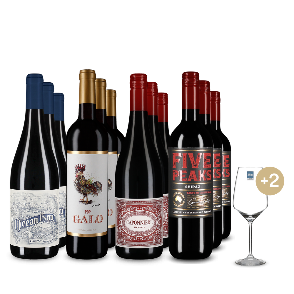 4x3 Momenti di vino rosso da tutto il mondo + 2 calici da vino
