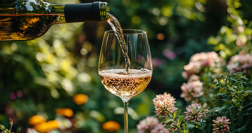 Si versa un bicchiere di vino bianco, circondato da fiori estivi in fiore.