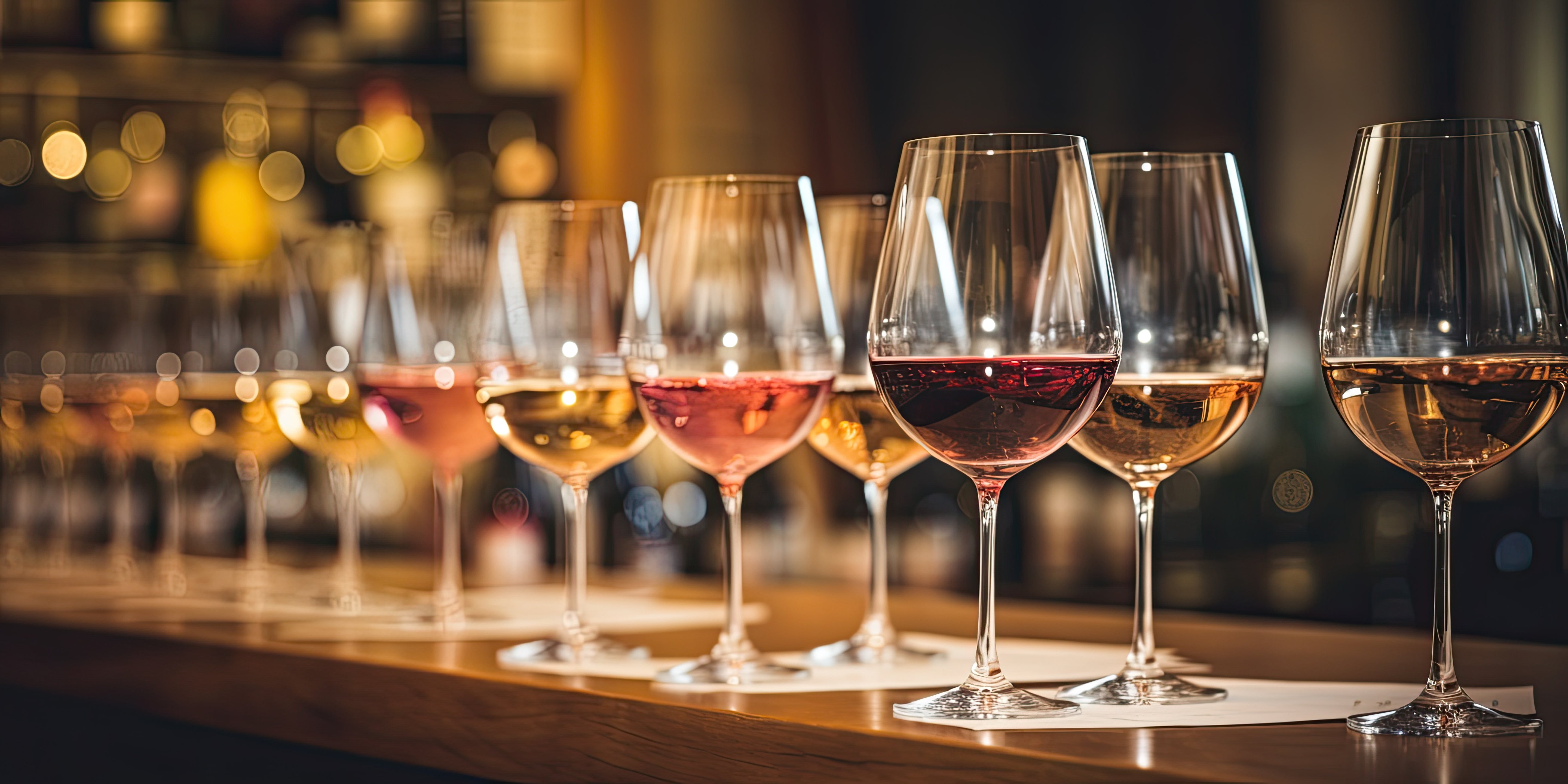 Diversi bicchieri di vino sono disposti su un bancone nella suggestiva luce della sera.